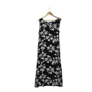 VTG Jane Ashley Maxi Shift Dress sz L Black Ivory Floral Sleeveless Back Tie